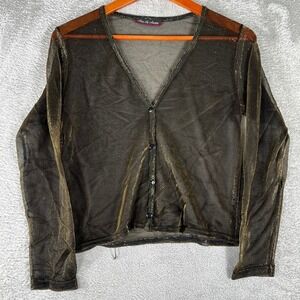 Y2K Sheer Top Womens Small Black‎ Gold Glitter Long Sleeve Grunge Festival Indie
